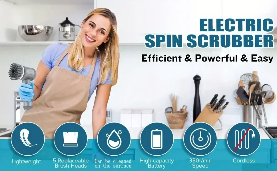 Electric Spin Scrubber, Bathroom Cordless Cleaning Brush Power Scrubber with 5 Replaceable Brush Heads, Electric Cleaning Brush - Image 4