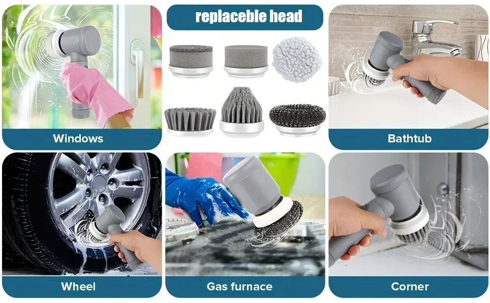 Electric Spin Scrubber, Bathroom Cordless Cleaning Brush Power Scrubber with 5 Replaceable Brush Heads, Electric Cleaning Brush - Image 3