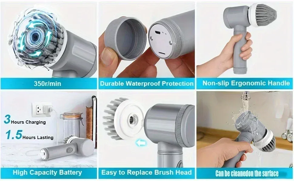 Electric Spin Scrubber, Bathroom Cordless Cleaning Brush Power Scrubber with 5 Replaceable Brush Heads, Electric Cleaning Brush - Image 5